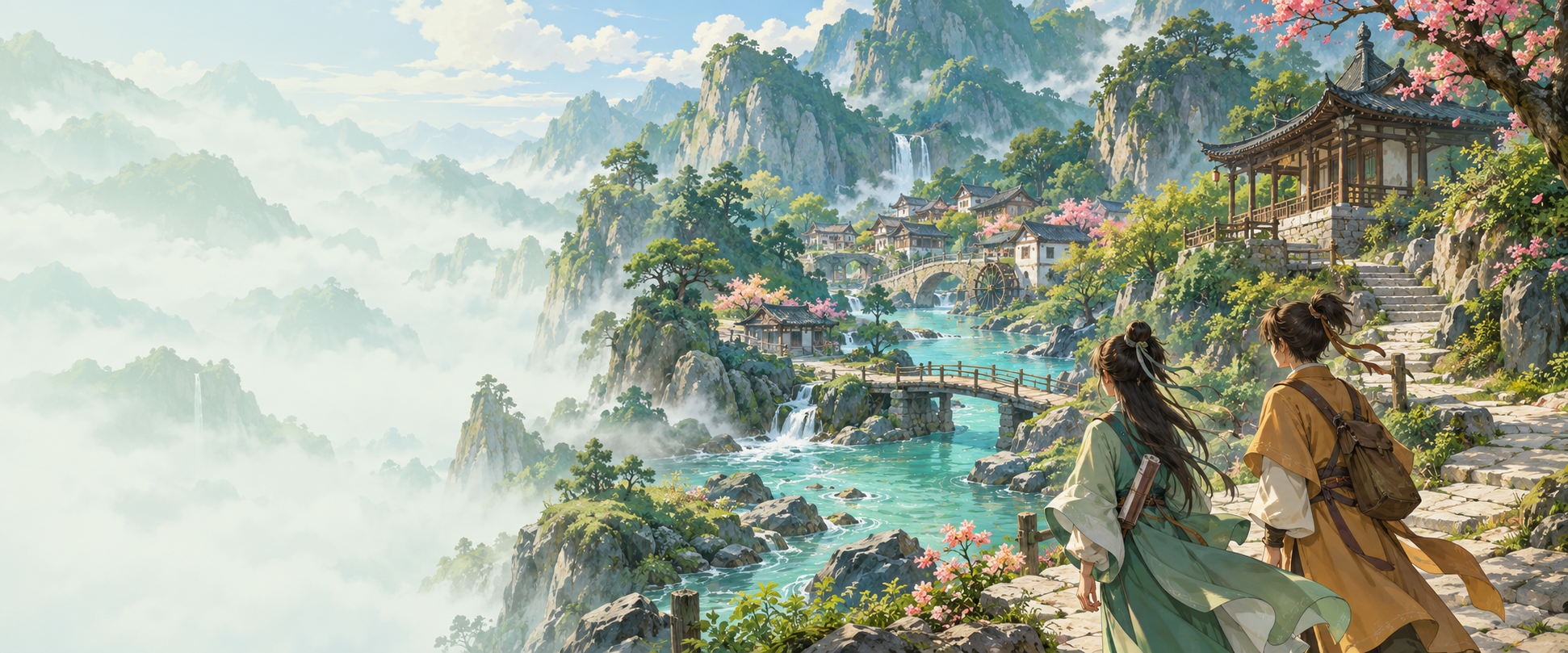 青绿山水间，两位少年沿溪走入书院